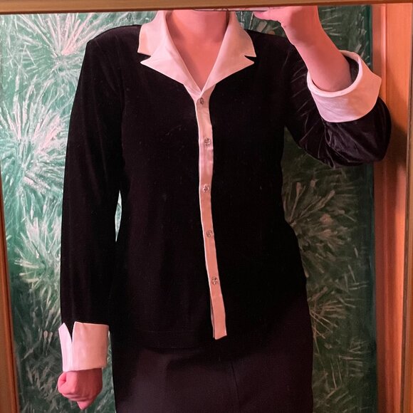 Black Velvet Long Sleeve Button Up Blouse with white collar and hand cuffs - Picture 2 of 8